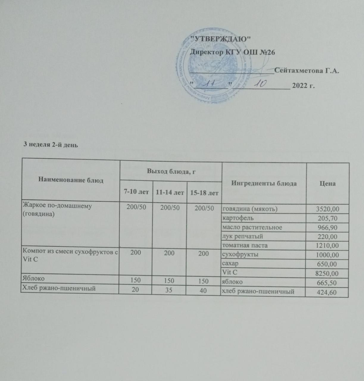 Төрт апталық ас мәзірінің ІІІ-аптасының 2-күні (11.10.2022)