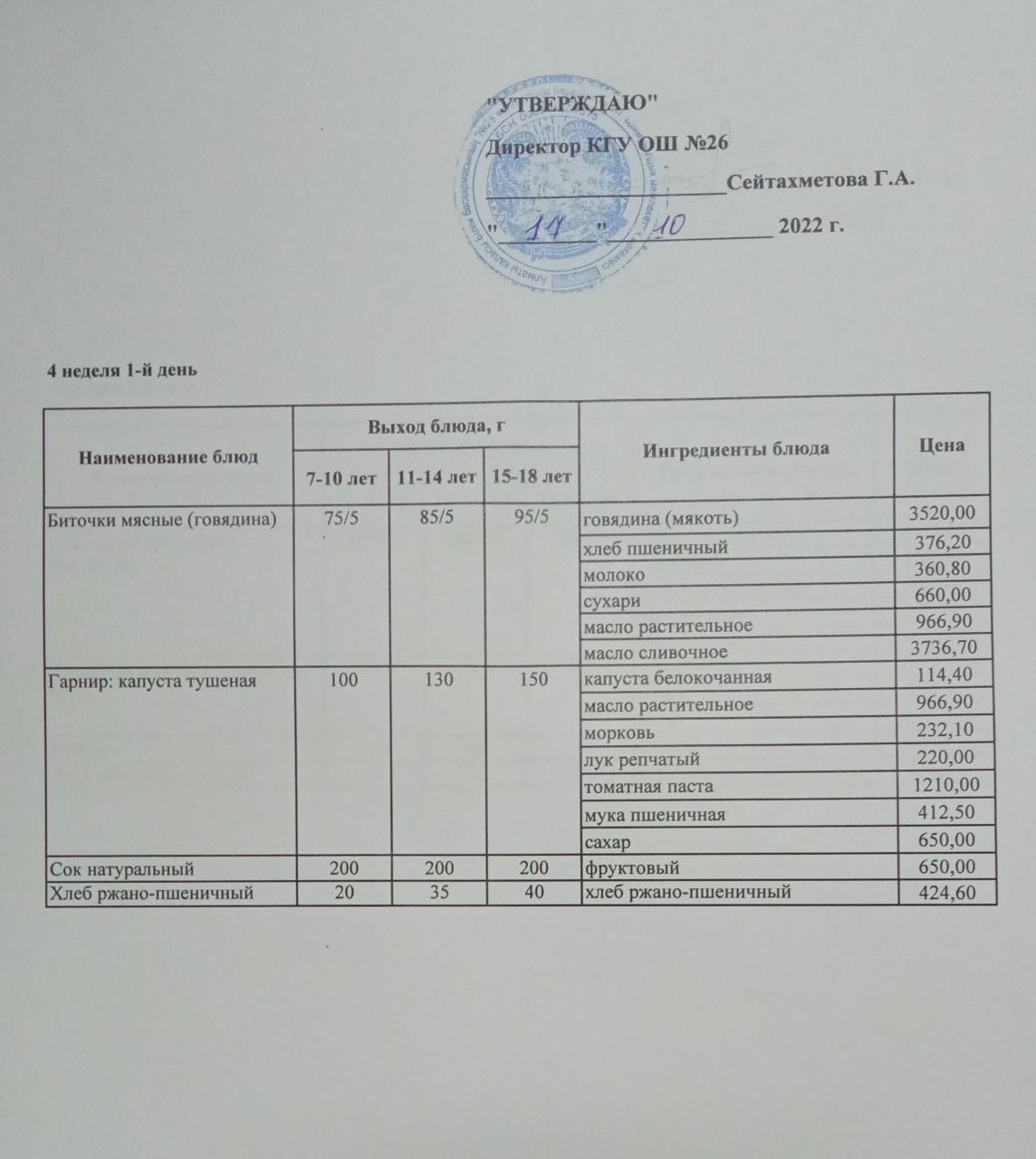 Төрт апталық ас мәзірінің ІV-аптасының 1-күні (17.10.2022)