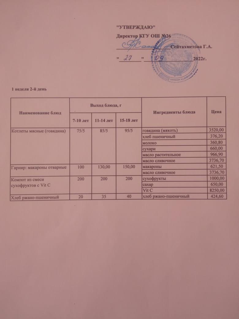 Төрт апталық ас мәзірінің І-аптасының 2-күні (27.09.2022)