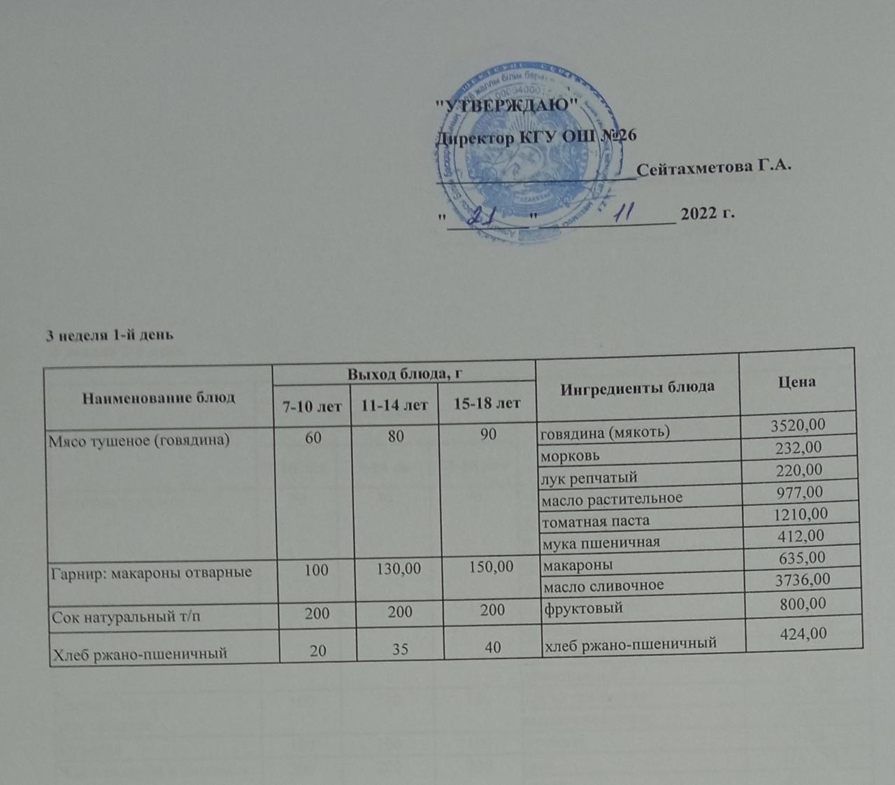 Төрт апталық ас мәзірінің ІІІ-аптасының 1-күні (21.11.2022)