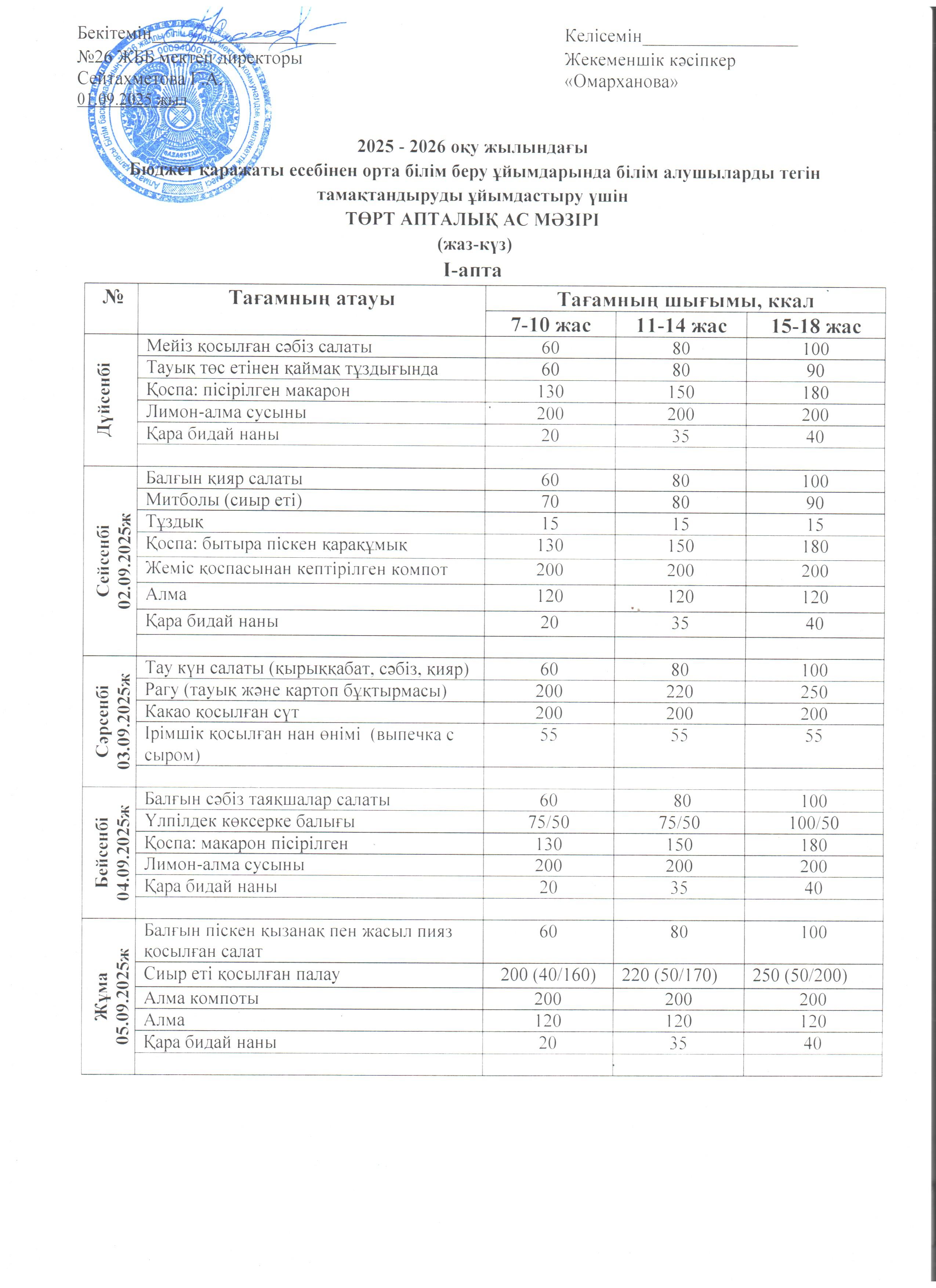 Ас мәзірі І апта 02.09. - 05.09.2025ж.