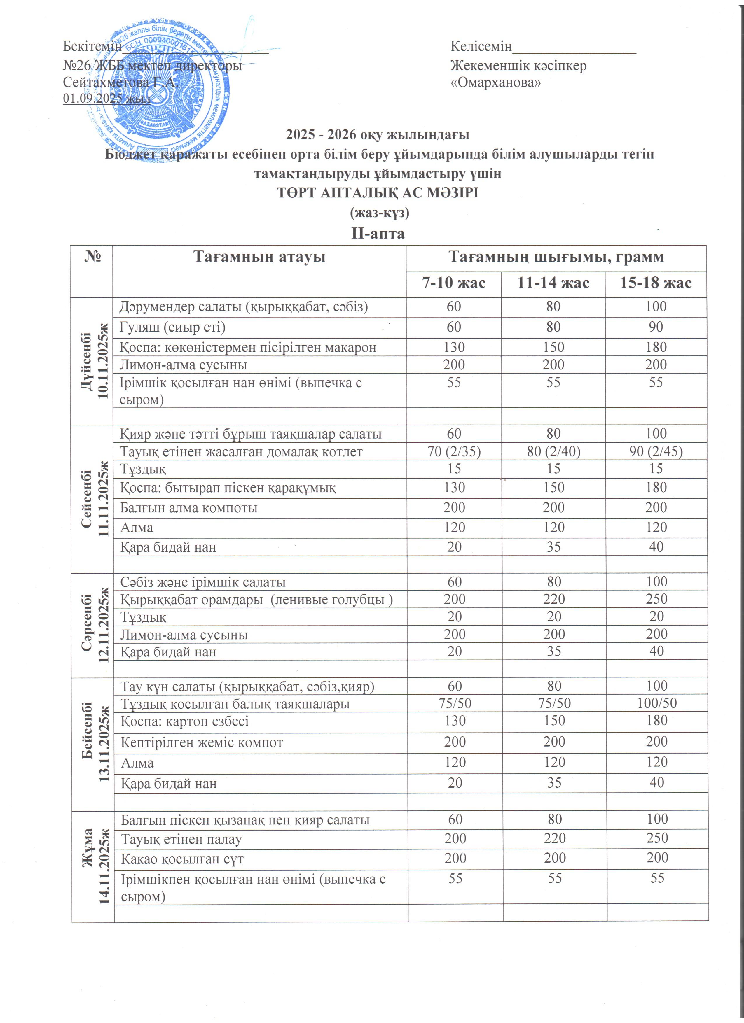 Ас мәзірі ІI апта  10.11 - 14.11.2025ж.