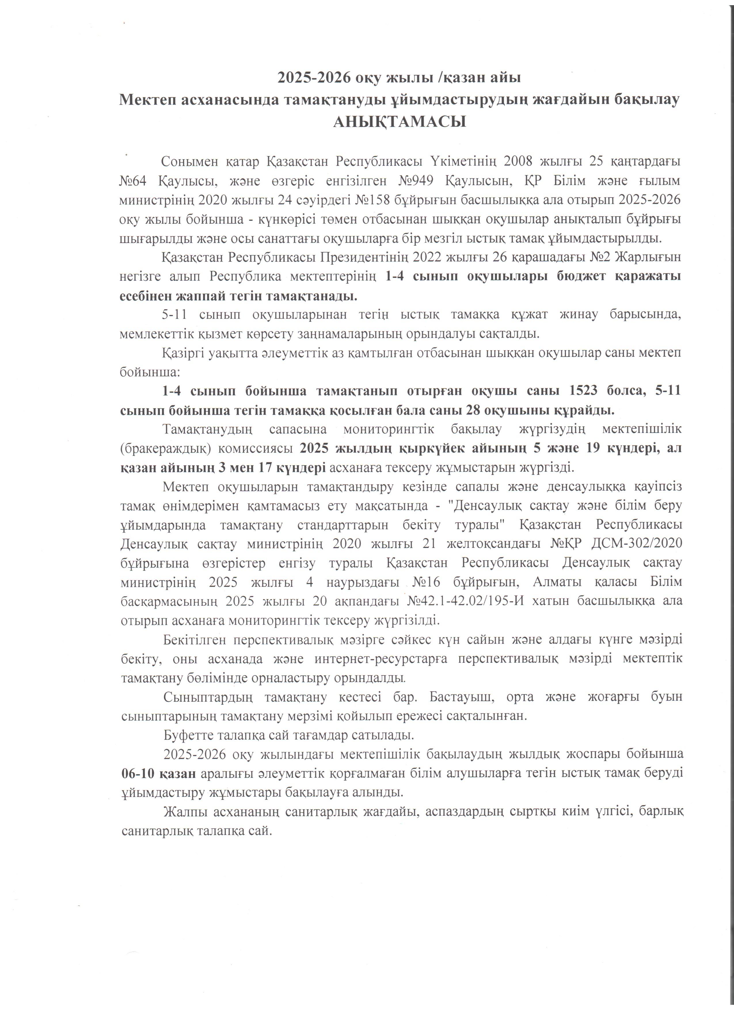 Асхана қызметін бақылау анықтамасы /қазан. 2025-2026 оқу жылы