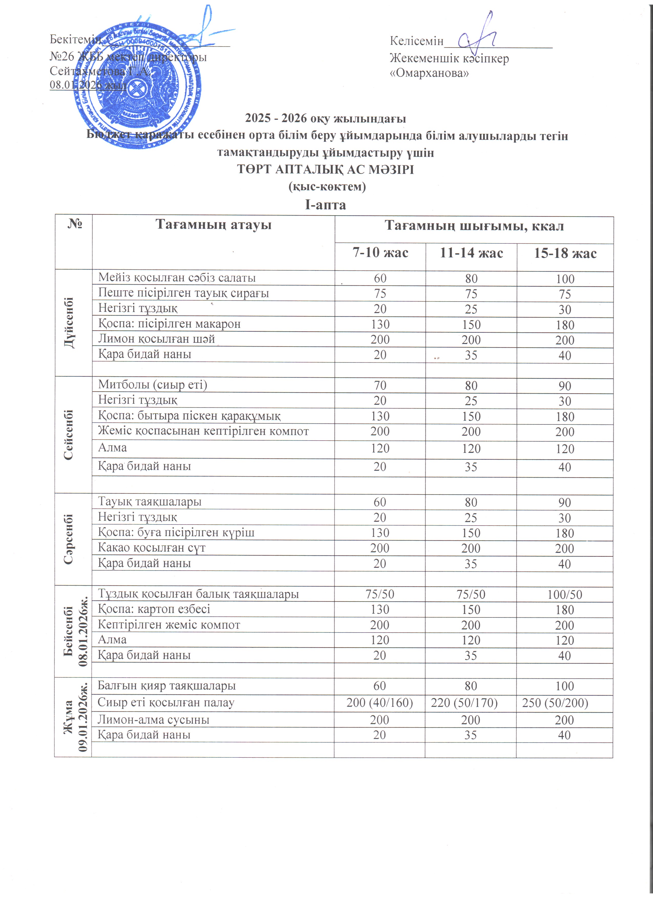 Ас мәзірі I апта 08.01. - 09.01.2026ж.