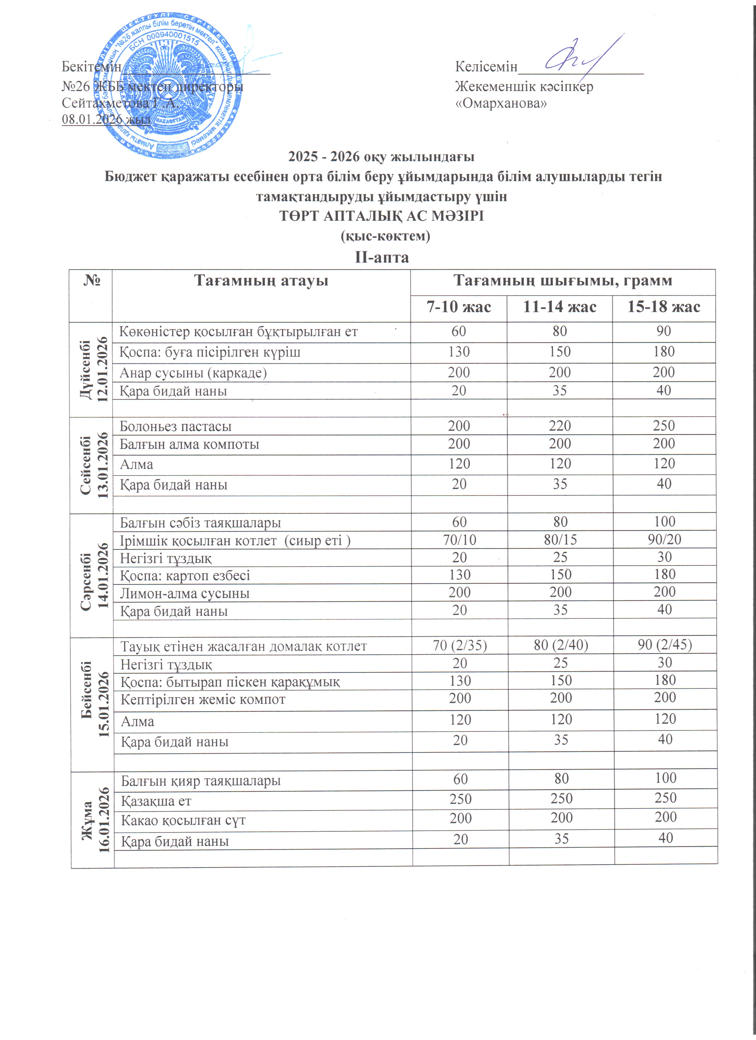 Ас мәзірі IІ апта 12.01. - 16.01.2026ж.