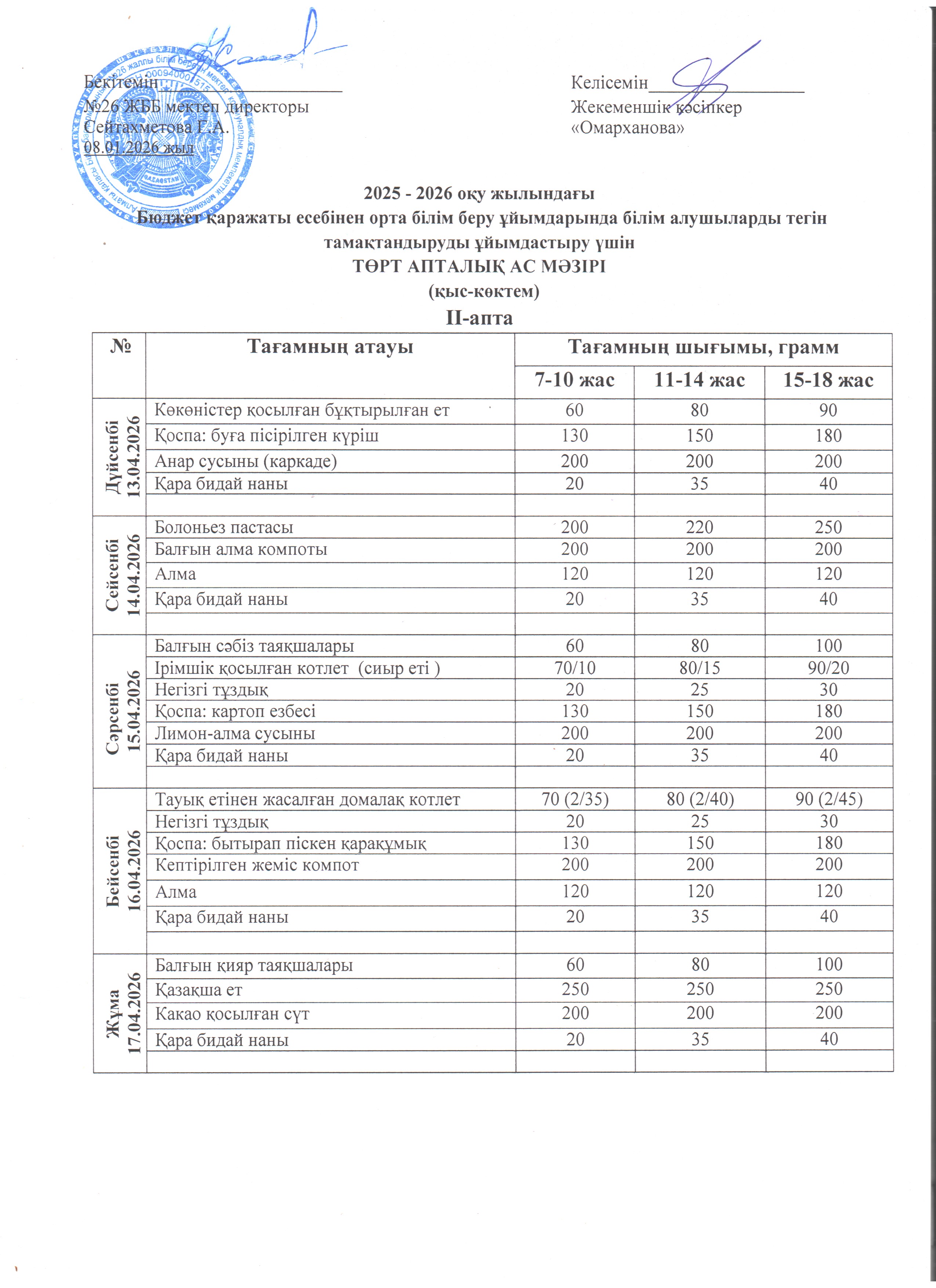 Ас мәзірі IІ апта 13.04. - 17.04.2026ж.